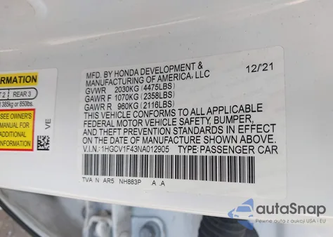 2022 Honda Accord Sport Special Edition из США, поврежденный, VIN 1HGCV1F43NA012905